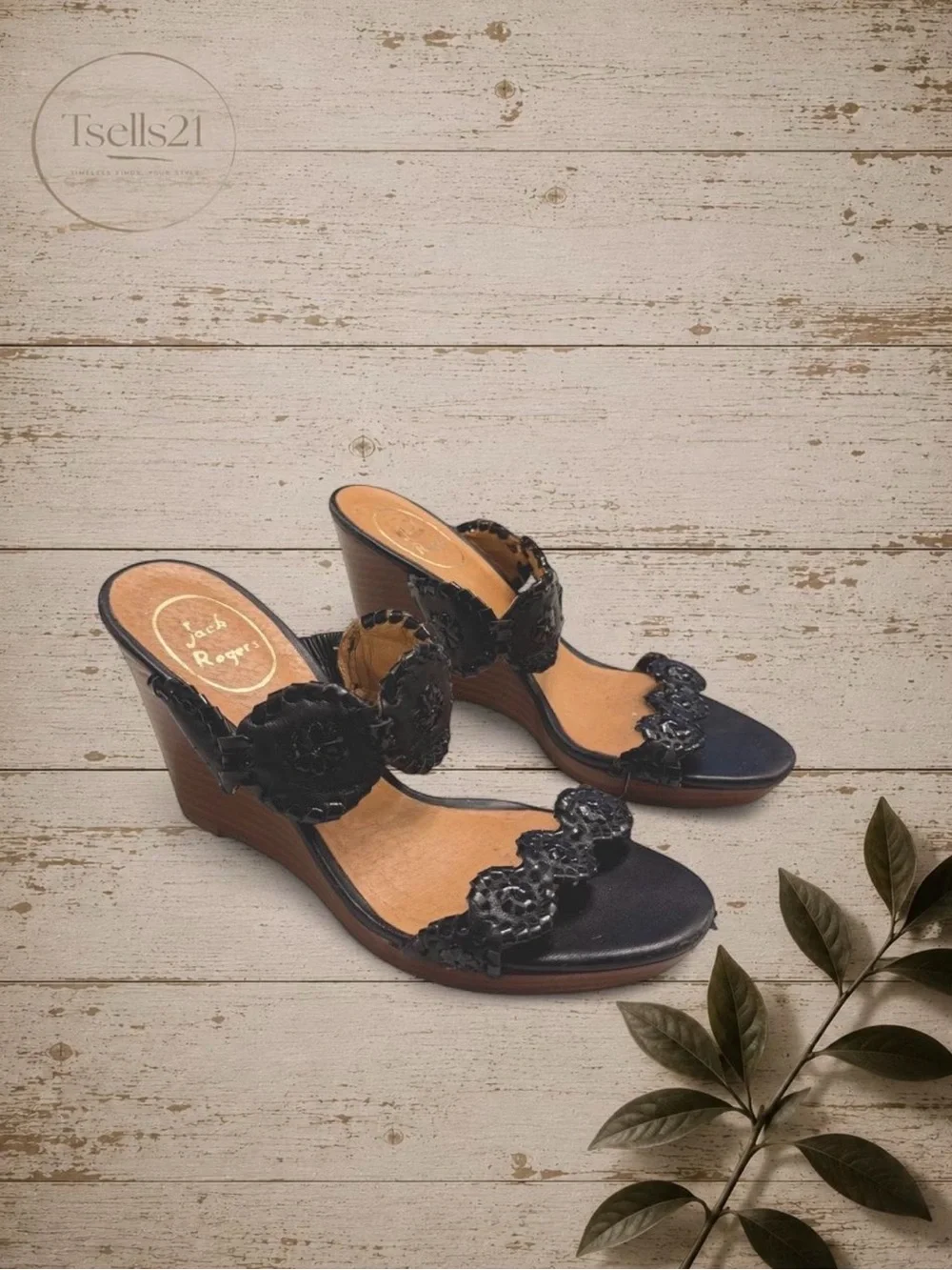 Jack Rogers Black Leather Medallion Wedge Sandals - Size 6.5
